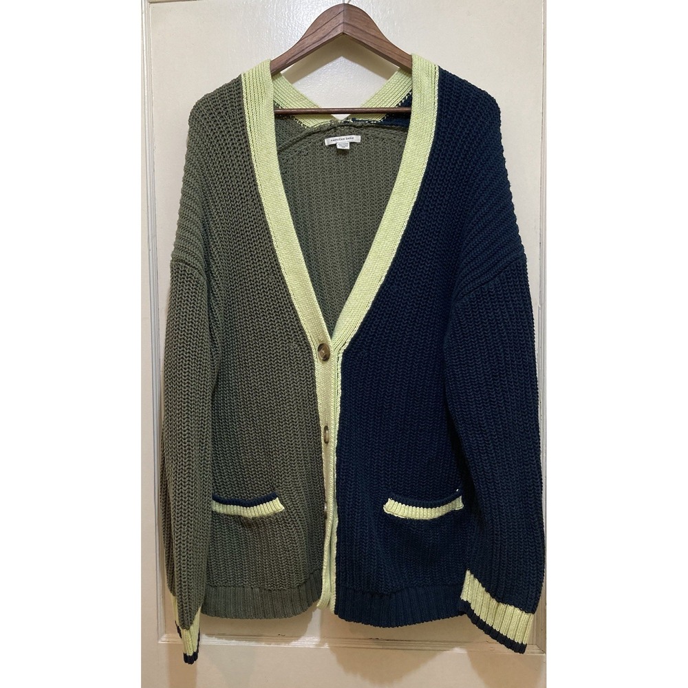 American Eagle Color Block Cardigan Sweater Womens XXL Blue Green Dark Academia